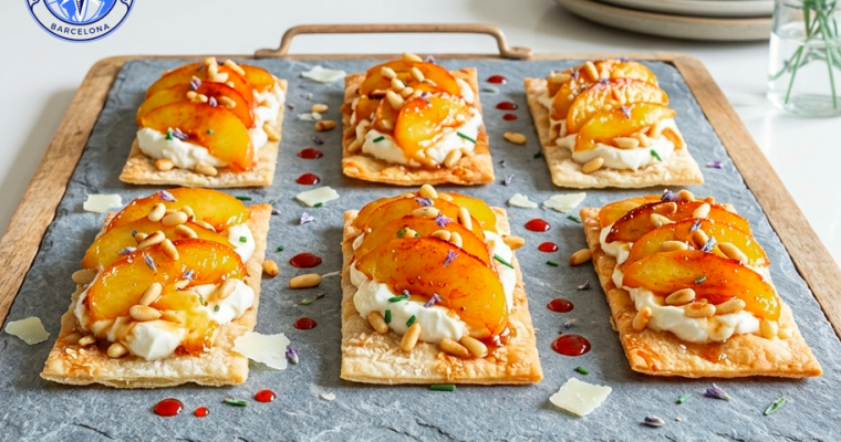 Coca de Vidre with Cheese and Caramelized Peach.