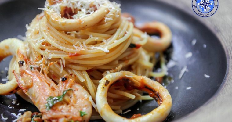 Spaghetti alla Marinara con calamares y langostinos.