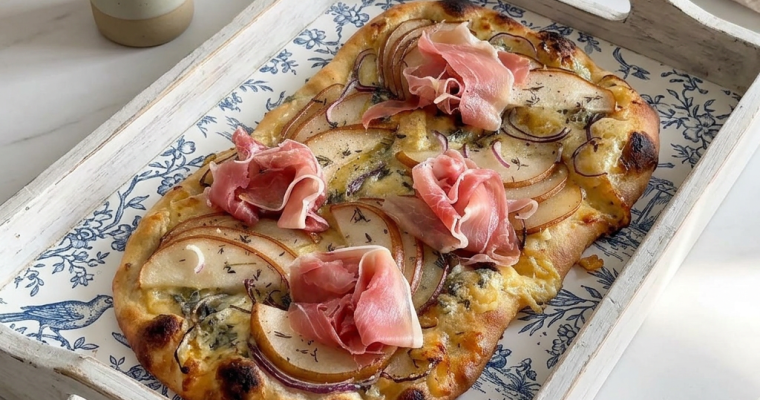 Gourmet Pear, Blue Cheese and Serrano Ham Flatbread.