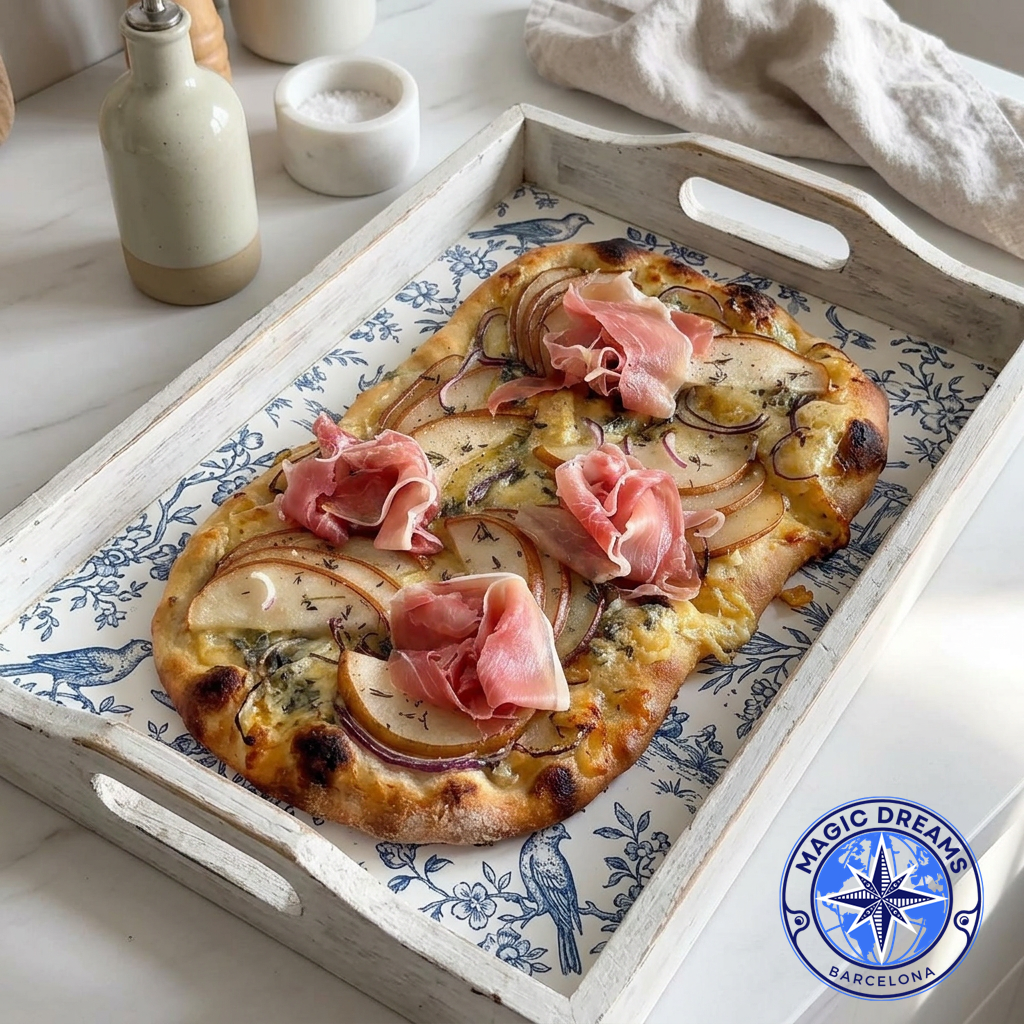 Gourmet Pear, Blue Cheese and Serrano Ham Flatbread.