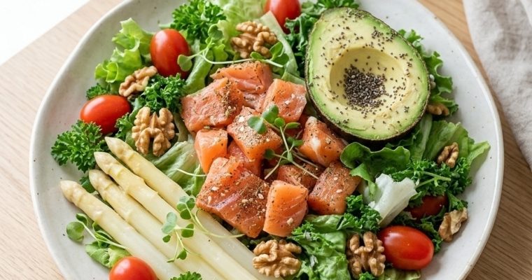 Ensalada de Salmón, Aguacate y Nueces.