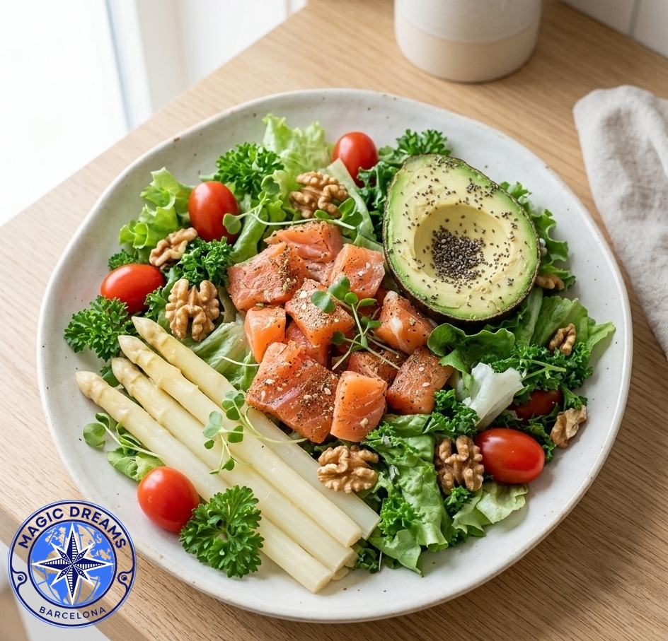 Ensalada de Salmón, Aguacate y Nueces.