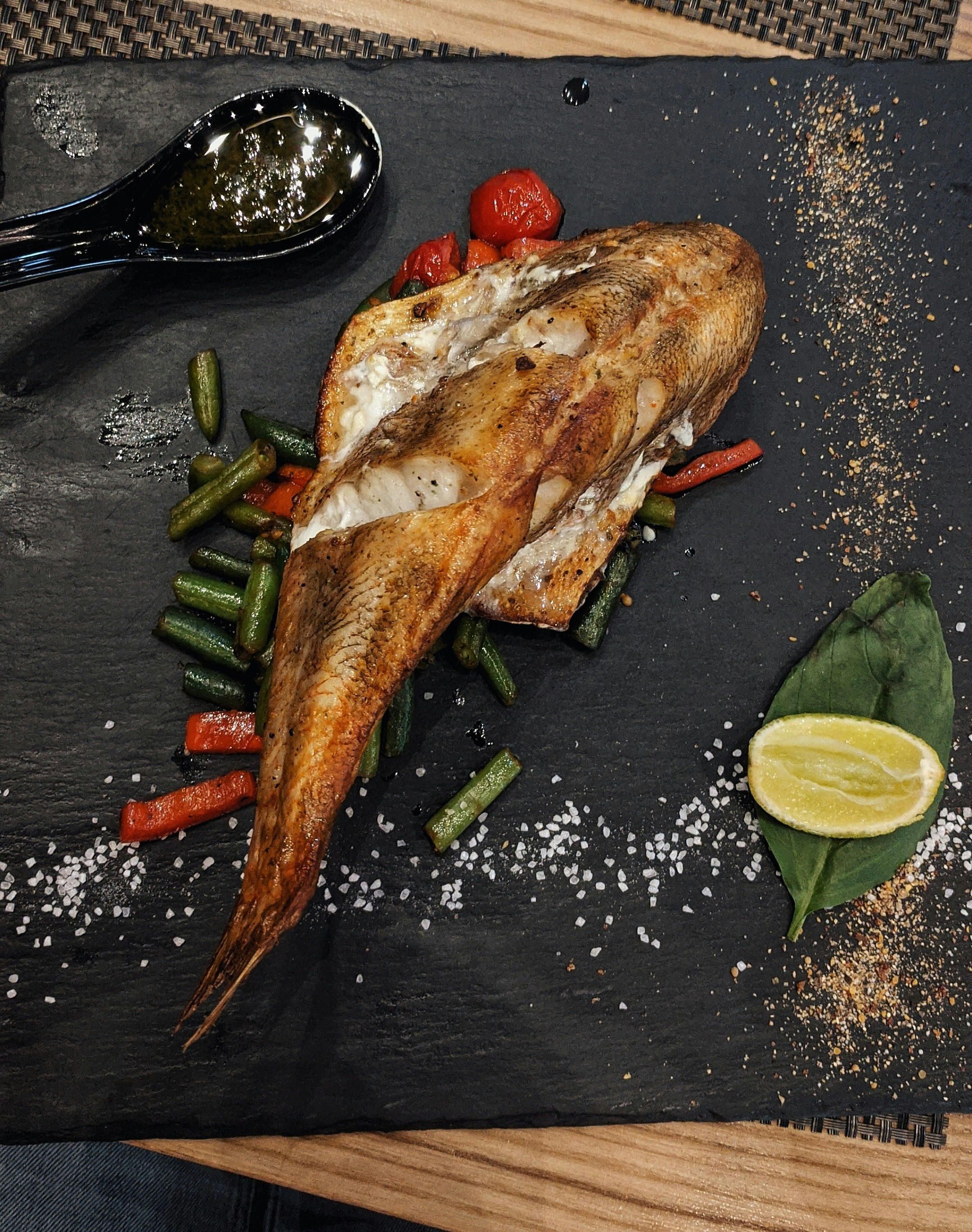 Grilled Monkfish Tail with Seasonal Vegetables.