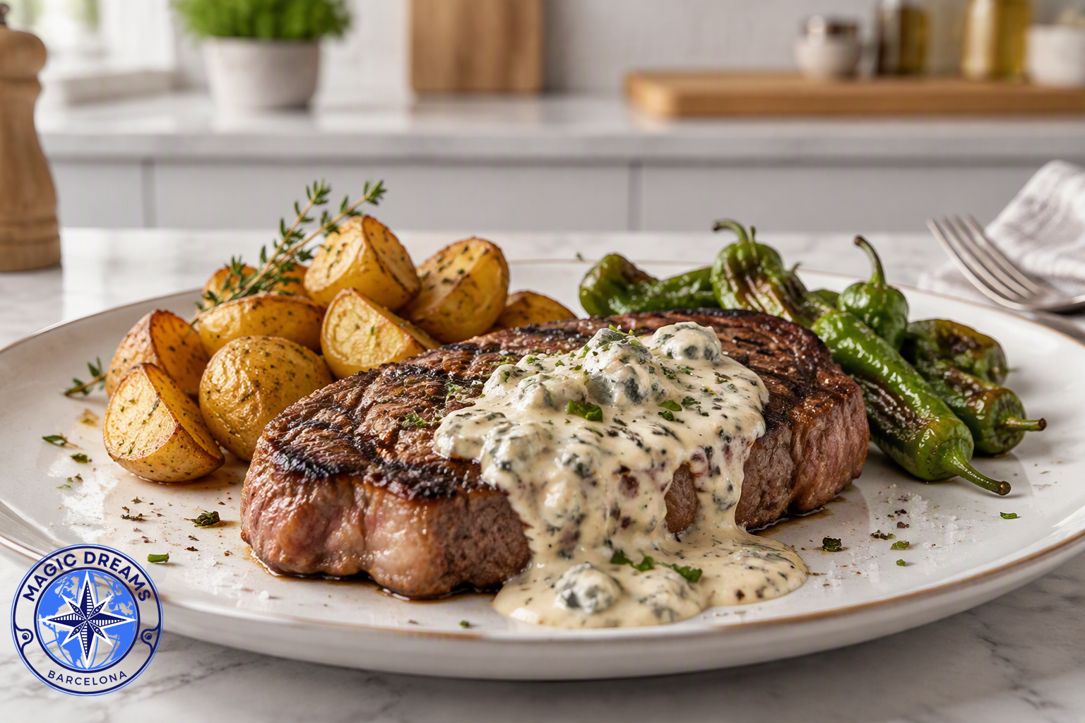 Entrecot Gourmet con Salsa de Roquefort, Patatas Rústicas y Pimientos de Padrón.