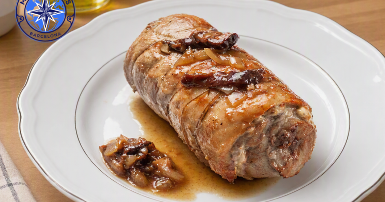 Rollito de Lomo Relleno de Setas, Jamón Ibérico y Frutos Secos.