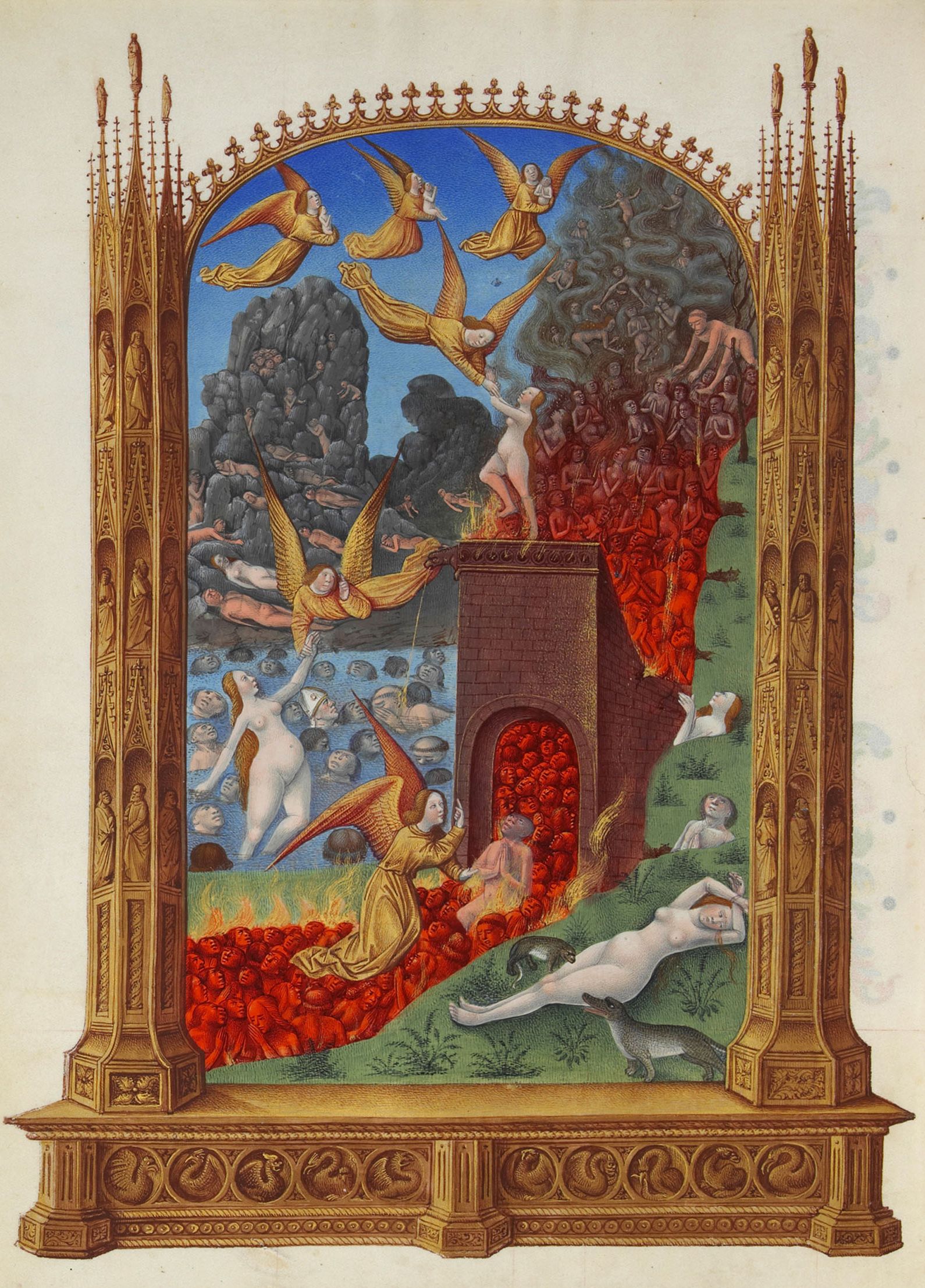 Esta es una de las pinturas de las " Muy Ricas Horas del Duque de Berry . Representa almas purificadas en el Purgatorio, atrapadas en agua, fuego, en terrenos rocosos y cubiertos de hierba, donde son rescatadas por ángeles. Bestias (probablemente demonios) rodean un alma.