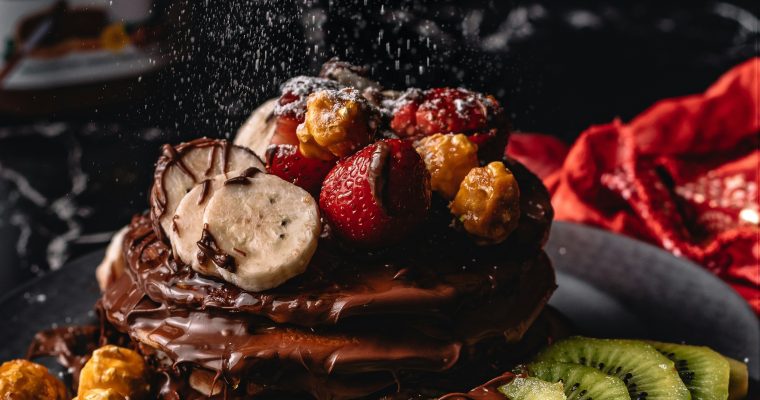 Pancake Tower with Hot Chocolate, Fresh Fruit and Caramel Popcorn.