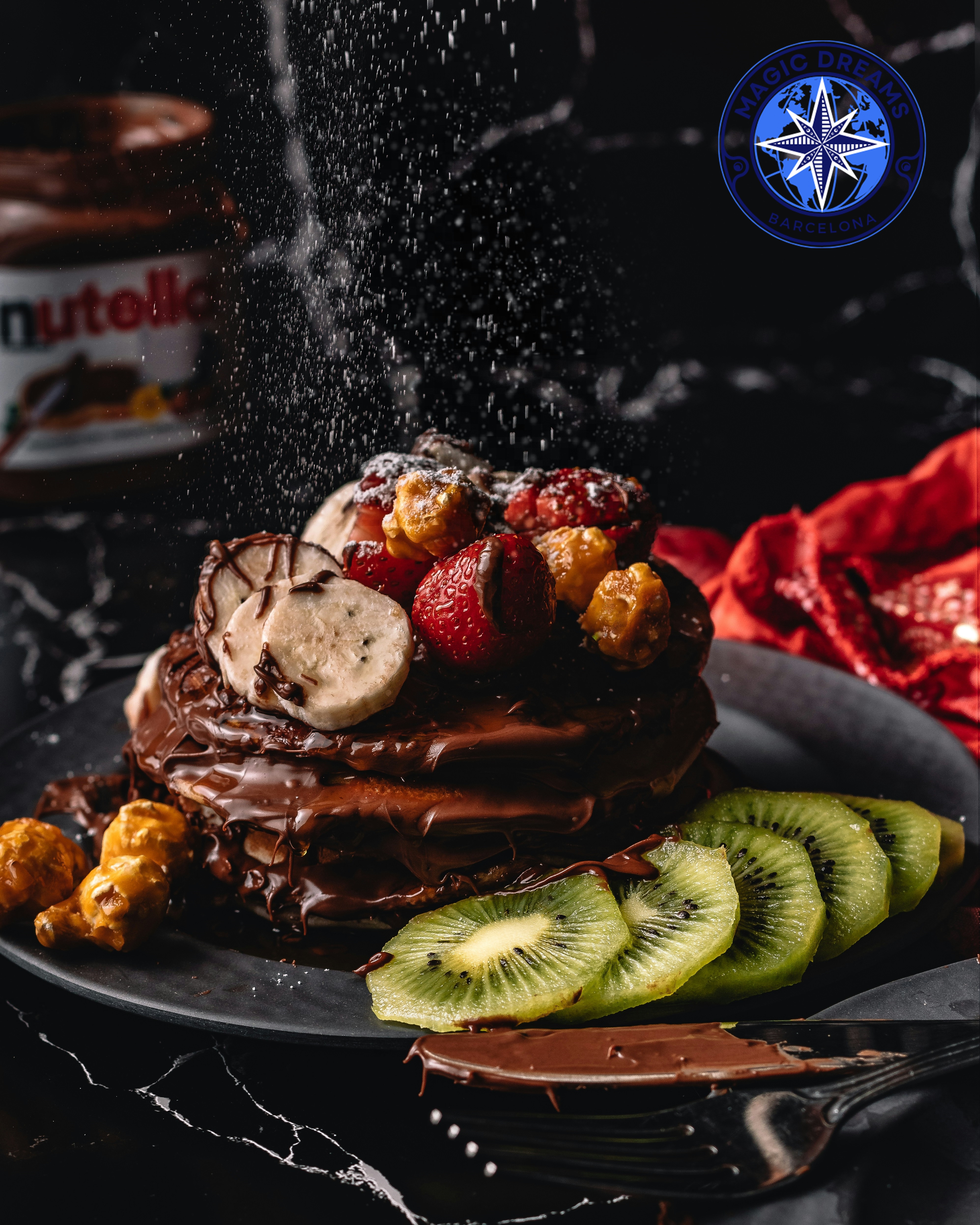Pancake Tower with Hot Chocolate, Fresh Fruit and Caramel Popcorn.