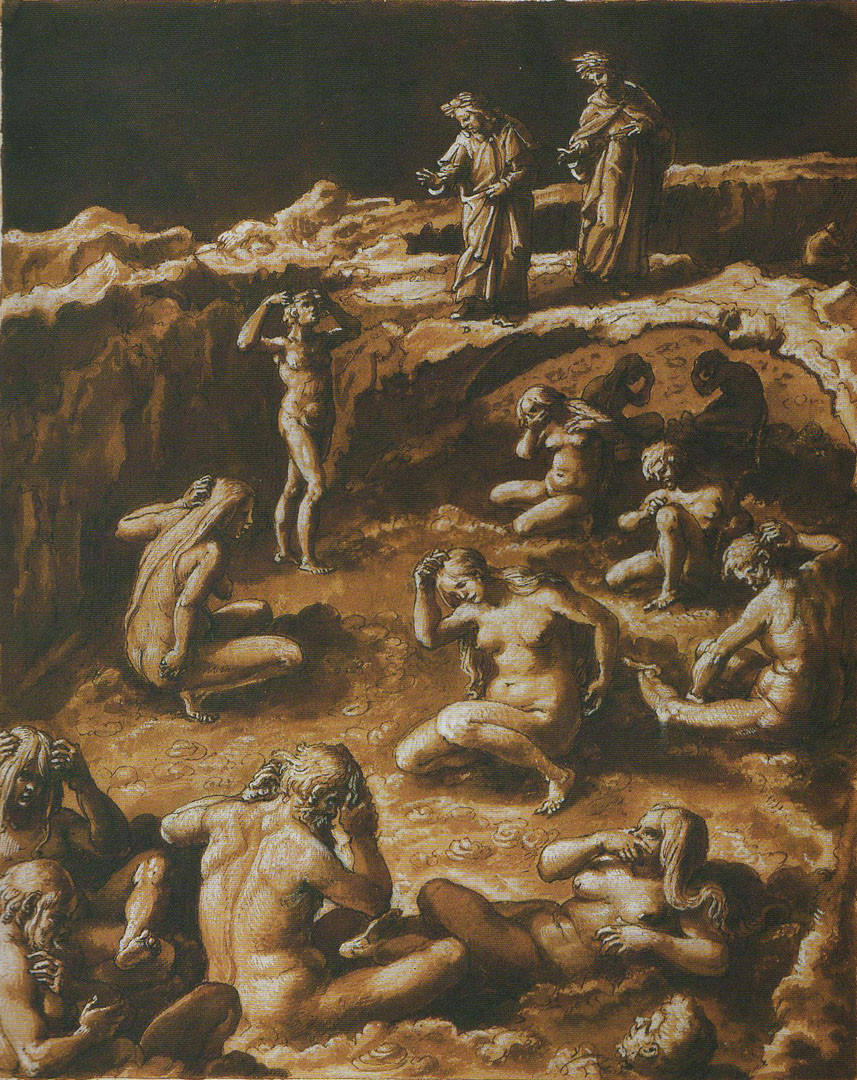 Pecadores en una de las bolgias -Ilustración del Canto 18 del Infierno de Dante - Stradanus (1523–1605).