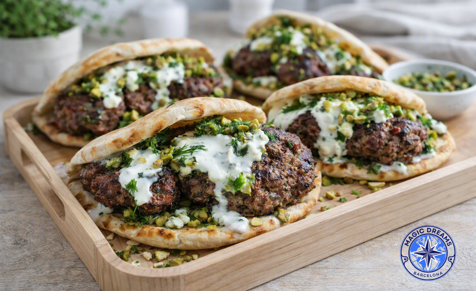 Pitas de Cordero a la Parrilla con Pesto de Pistacho y Menta.