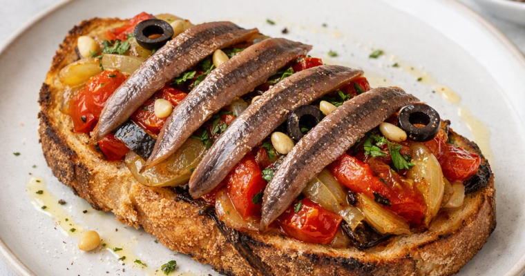 Tosta de Escalivada con Anchoas de l’Escala.