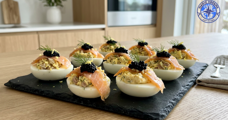 Gourmet Deviled Eggs with Smoked Salmon, Black Caviar and Fresh Dill.