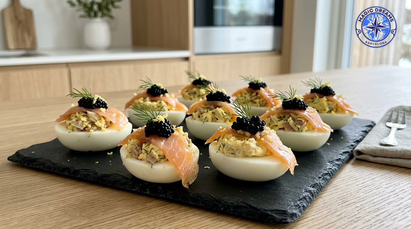 Gourmet Deviled Eggs with Smoked Salmon, Black Caviar and Fresh Dill.