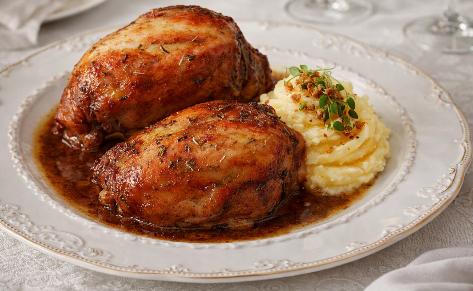 Oven-Baked Pork Knuckle with Creamy Mashed Potatoes.