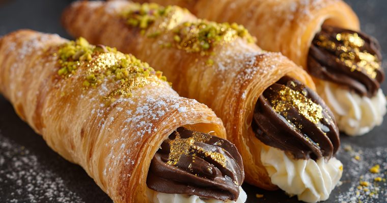 Cream Horns with Whipped Cream, Chocolate, Pistachio & Edible Gold.