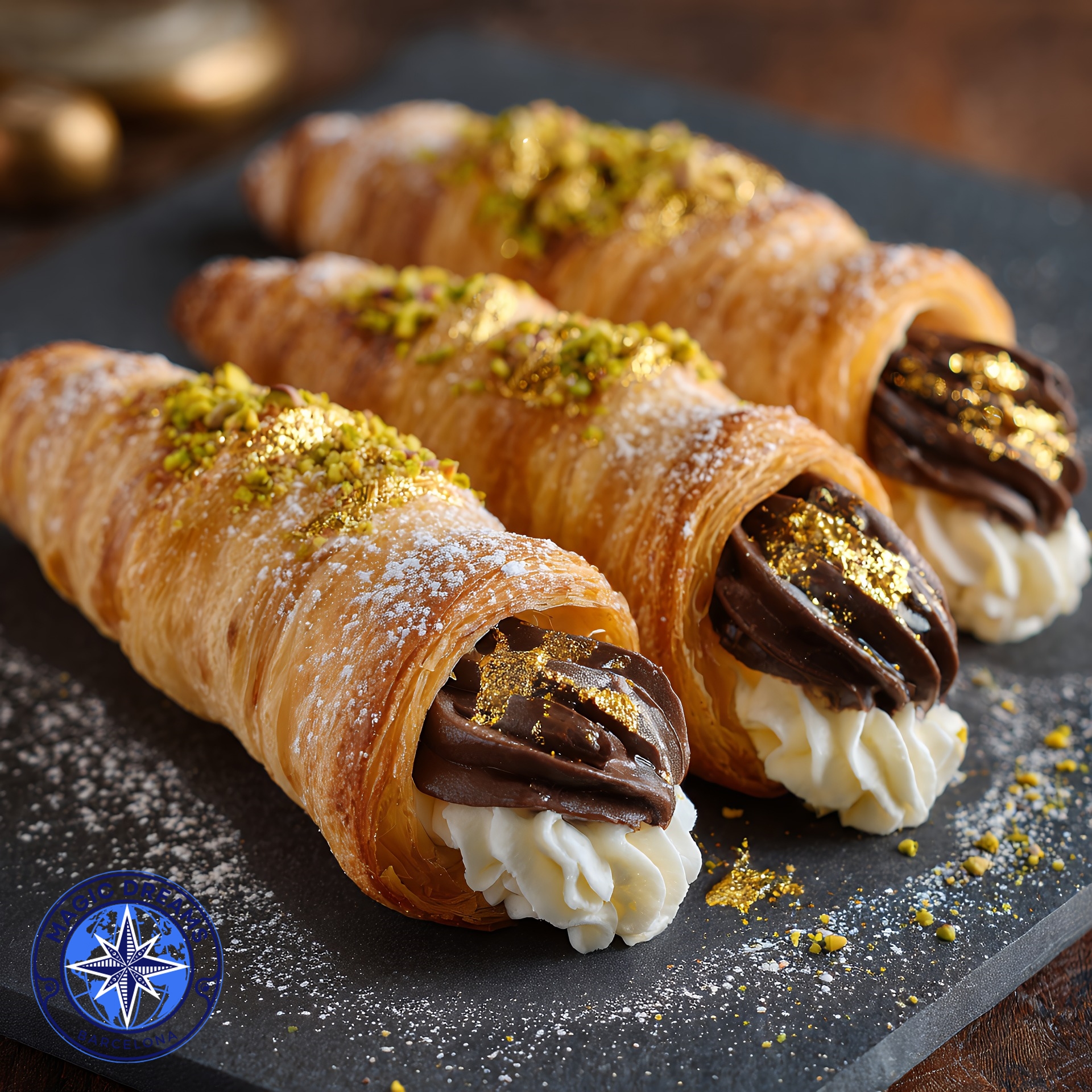 Cream Horns with Whipped Cream, Chocolate, Pistachio & Edible Gold.