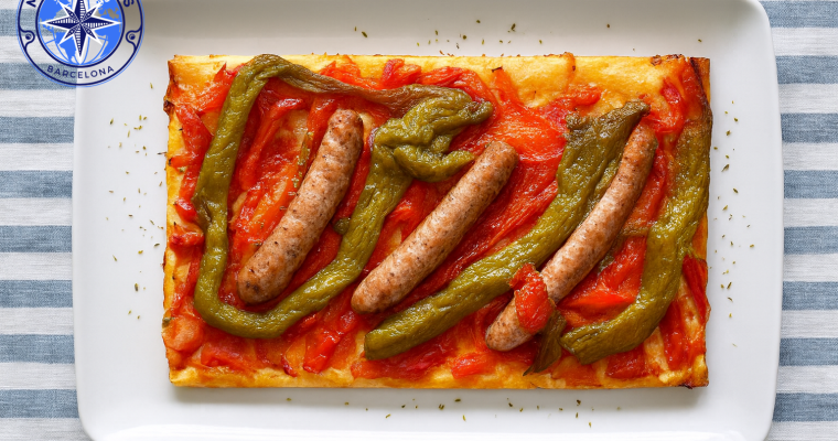 Catalan Coca with Sausages, Tomato and Roasted Peppers.