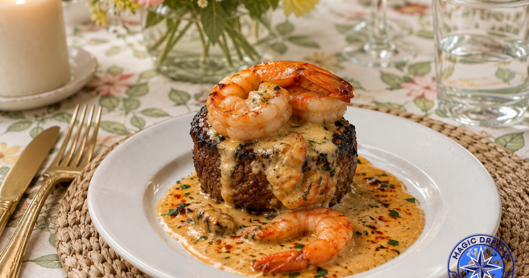 Solomillo de Cerdo con Salsa Cremosa de Langosta y Gambas.