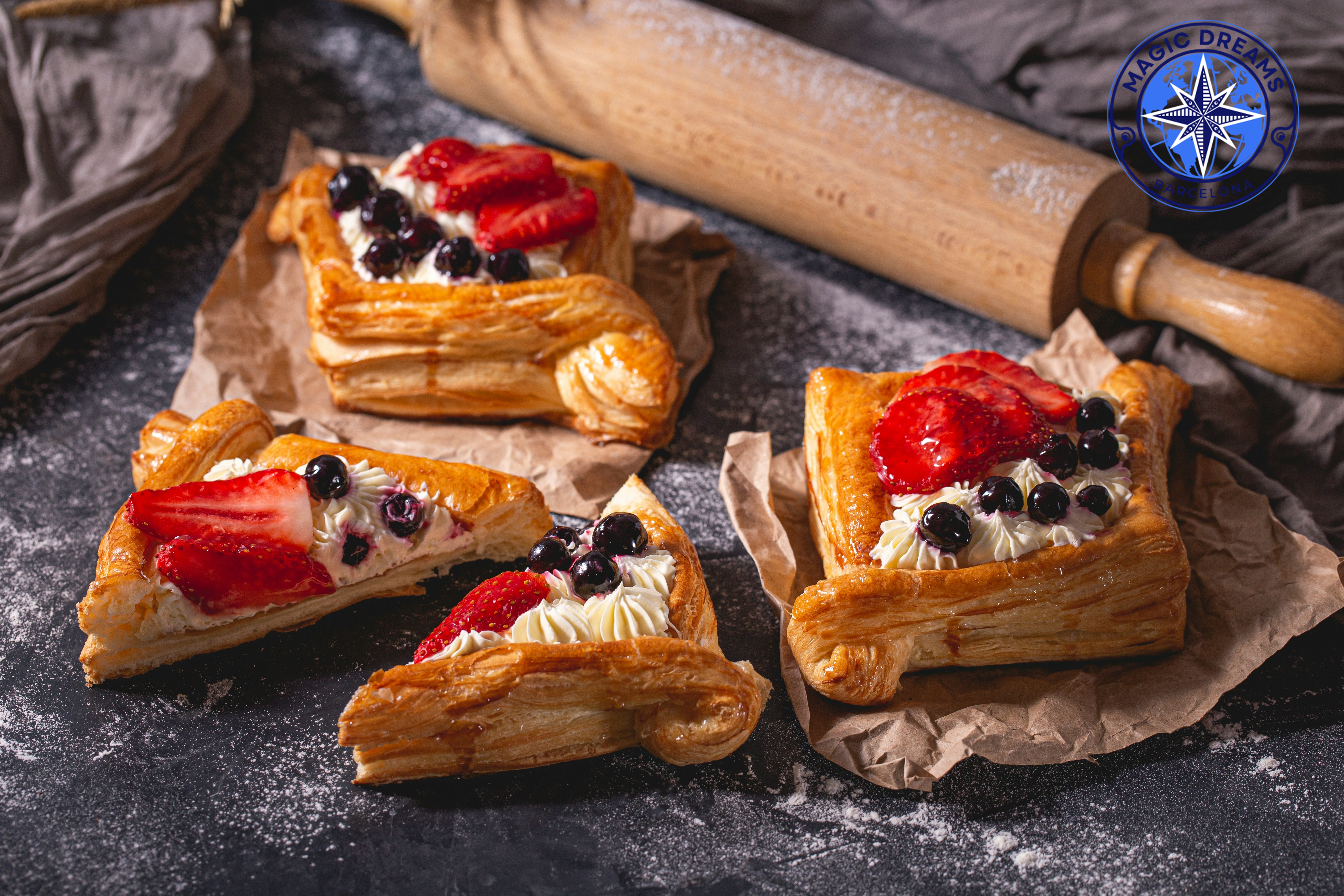 Puff Pastry Squares with Vanilla Cream, Blueberries and Strawberries.